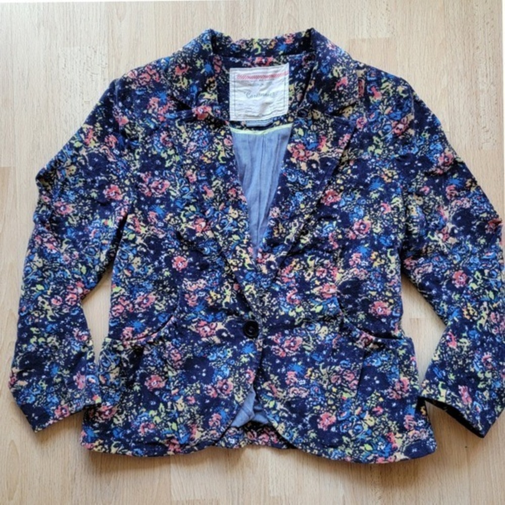 Cartonnier‎ Anthropologie Floral Peplum Blazer Navy Blue Corduroy Jacket Size 2